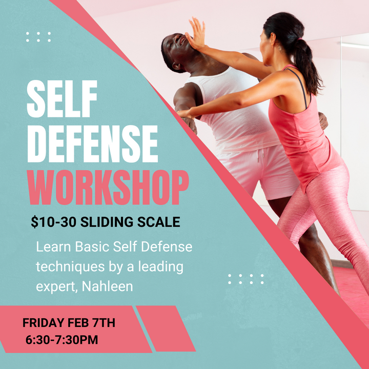 graphic showing a self defense class in Renton with information and an image of a woman defending herself against a man