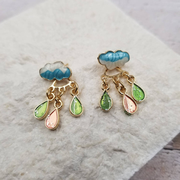 Rain Cloud Earrings with Green Droplet