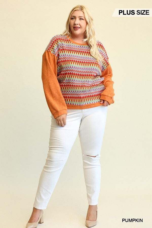 PLUS Novelty Knit And Solid Knit Mixed Loose Top With Drop Down Shoulder