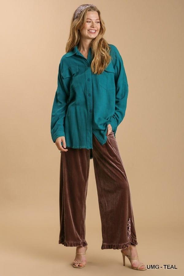 Linen blend button front collared top in Teal - Esme and Elodie