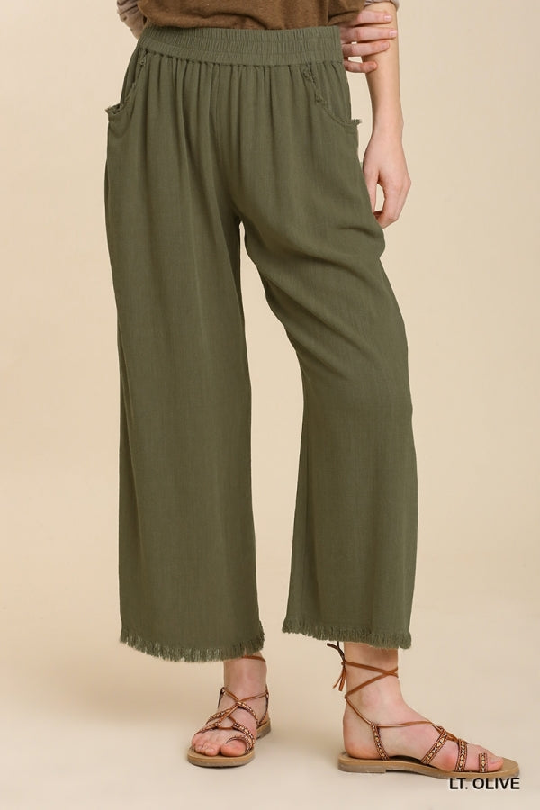 Womens Umgee Wide Leg Pant with Elastic Waist, Pockets, and Frayed