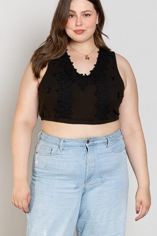 Plus Women's This is Love- black crop top with lace detail - Esme and Elodie